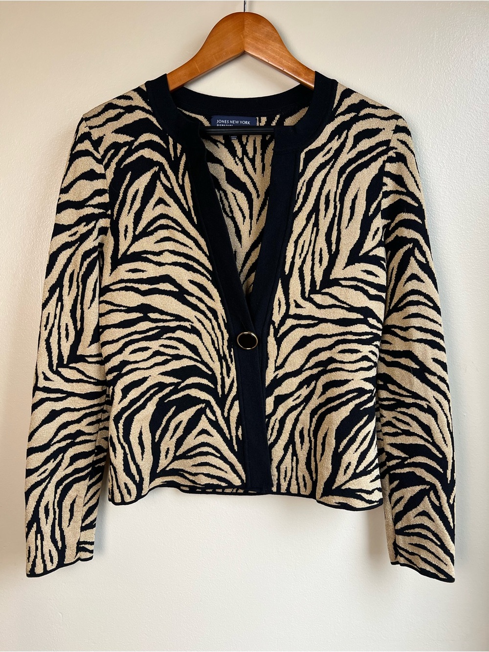Jones New York Metallic Zebra Cardigan Small Animal Print Statement Sweater